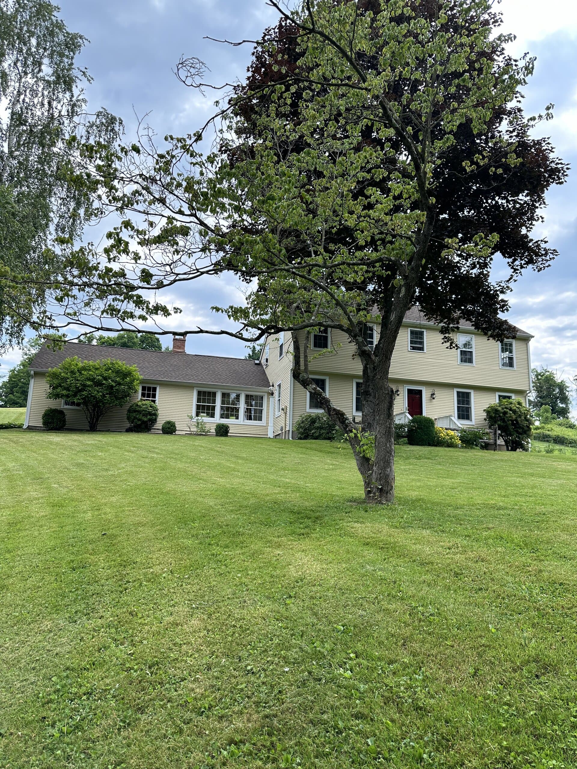 Manicured green lawn in front of a colonial home